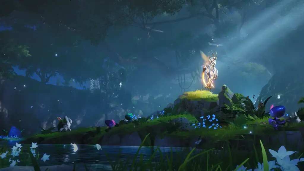 Glowing creature on a mossy rock in a moonlit Idyll forest