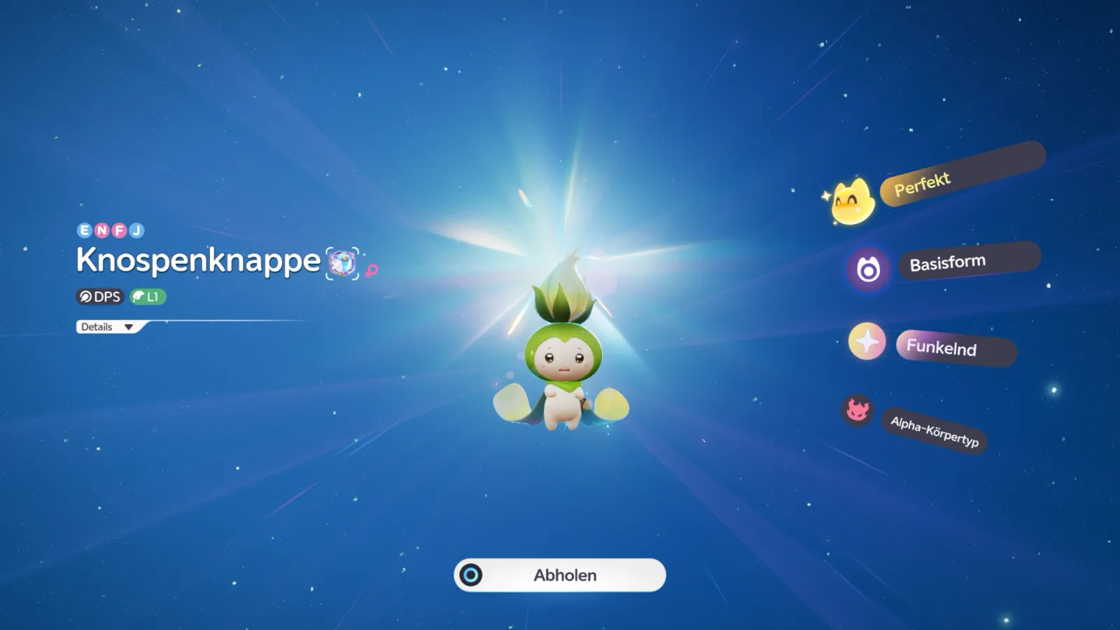 Schlüpf-Bildschirm in Aniimo: Knospenknappe mit den Labels Perfekt, Basisform, Funkelnd und Alpha-Körpertyp